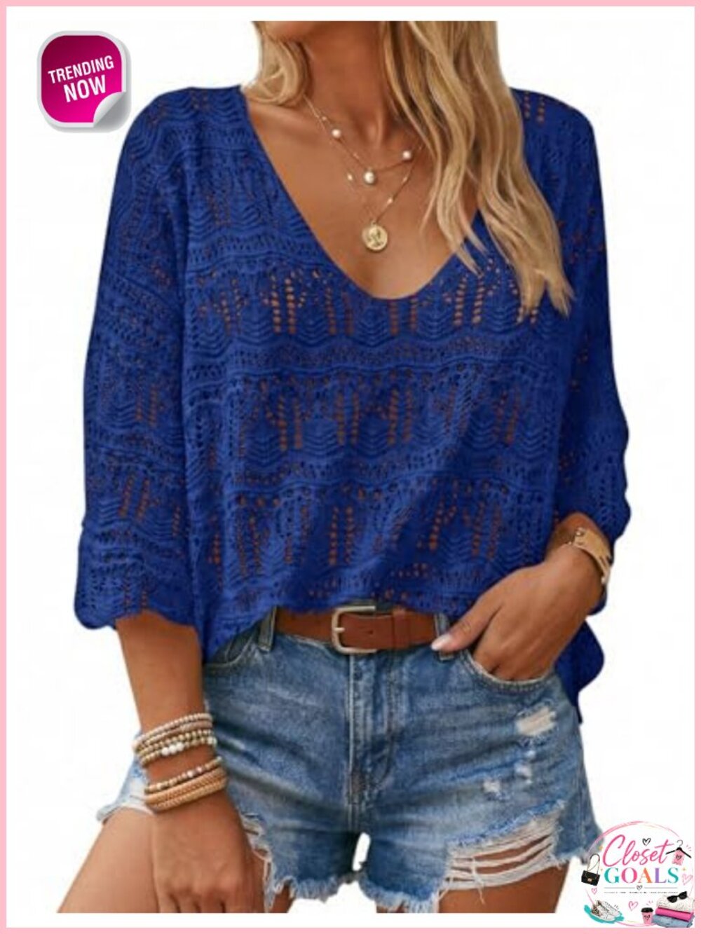 Crochet Cover Up Sweater Top 3/4 Sleeve V-Neck Hollow Knit Beach